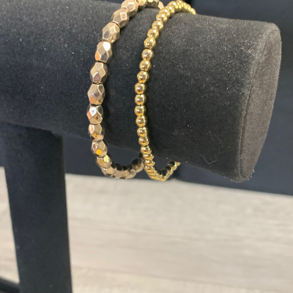 Gold Tone Beaded Stretch Bracelet Set‎ Faceted and Smooth Beads 2 Piece 6.5 Inch